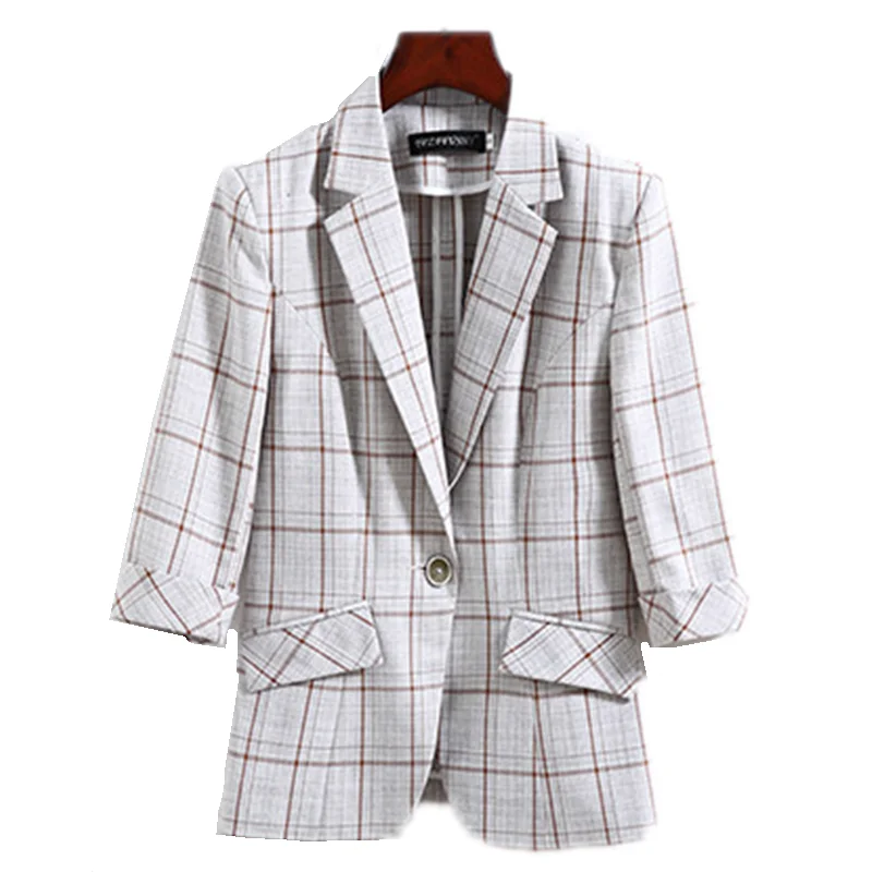 

YASUGUOJI New 2022 Summer Office Lady Three Quarter Sleeve Blazer Women Casual Slim Houndstooth Red Plaid Woman Blazer Jacket