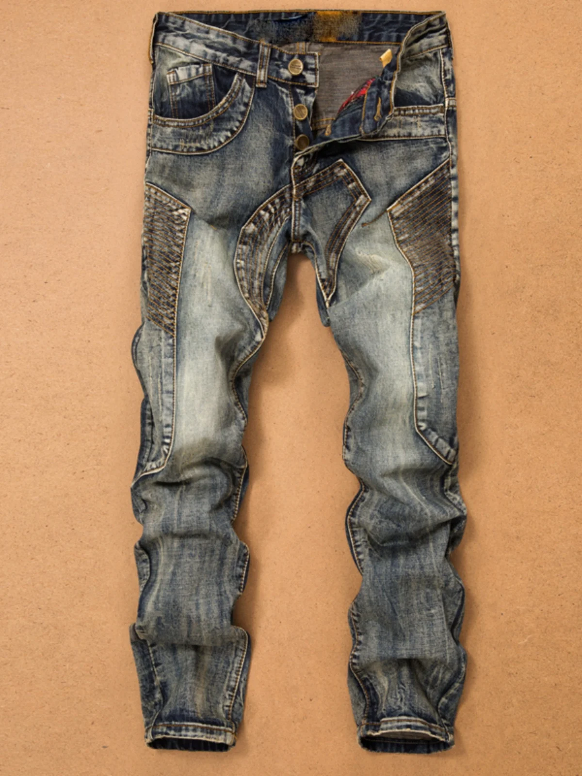 

Retro Men's Jeans Patchwork Worn Straight Leg Motorcycle Style Slim Fit Long Trousers Youthful Trendy Brand Cotton Polyester