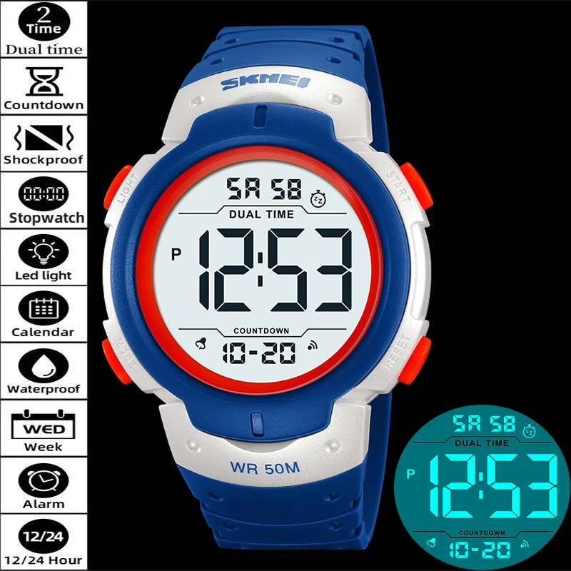 Skmei Waterproof Swimming Sports Watches for Mens 12 24 Hour LED Light Chronograph Dual Time Zones Digital Alarm Clock