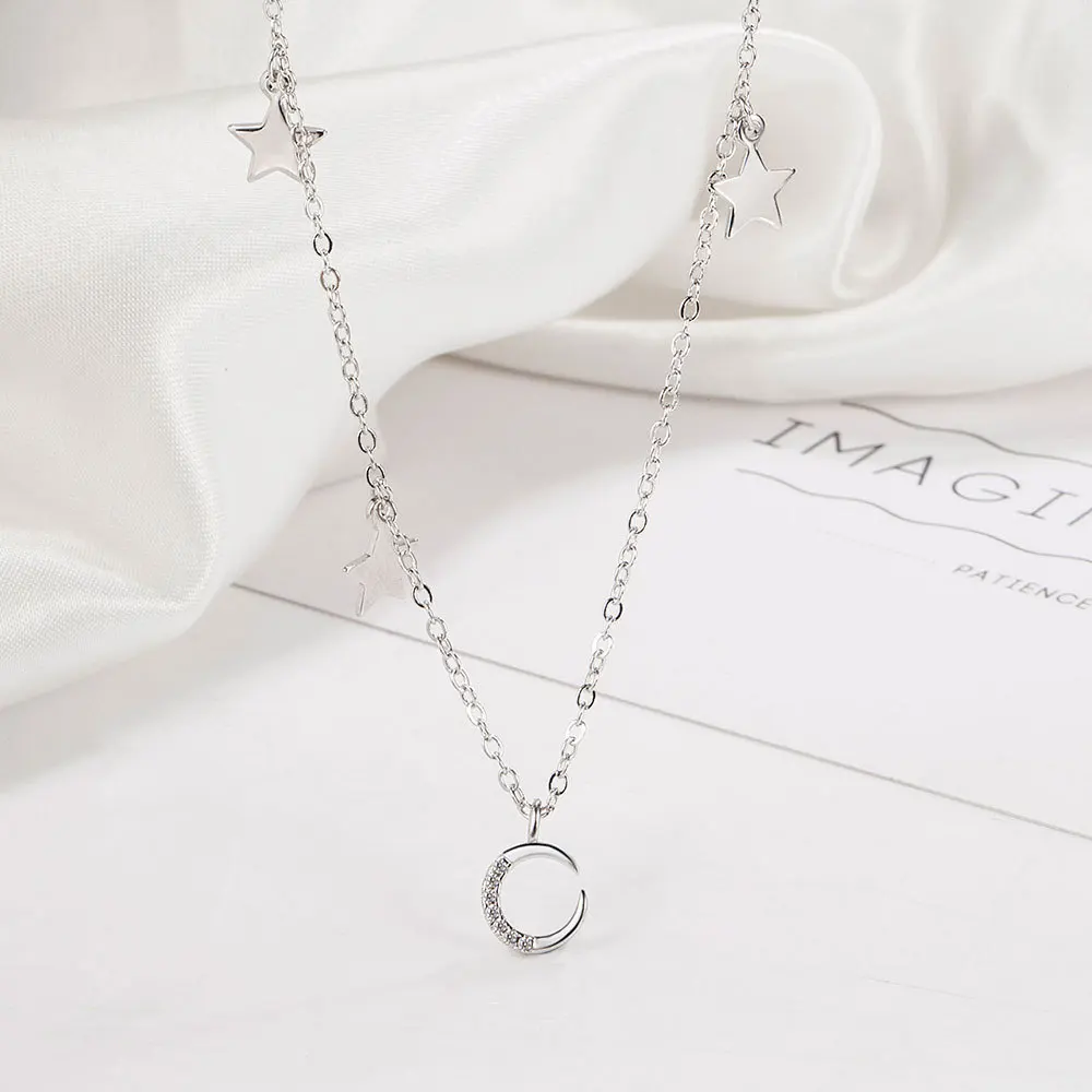 

925 Sterling Silver Fashion Light Luxury Star Moon Zircon Necklace Birthday Party Anniversary Gift
