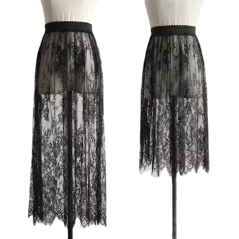 Transparent Sexy Lace Mesh Skirt Elastic High Waist Black White Tulle  Mini Skirts Womens Lace Skirt  Korean Fashion