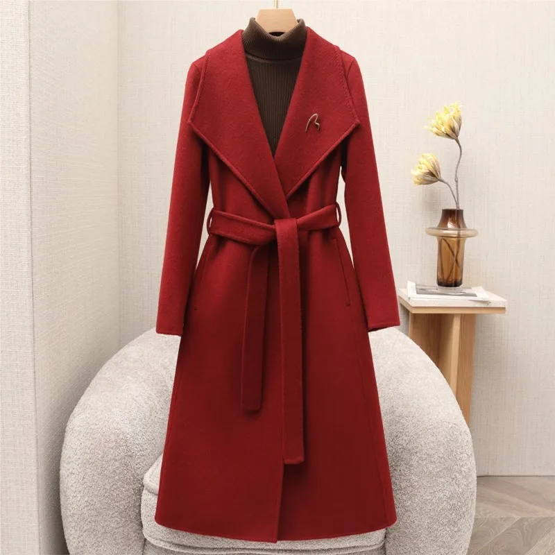 

Double-sided fleece coat for women mid-length knee-length new fitted and waist-cinching woolen