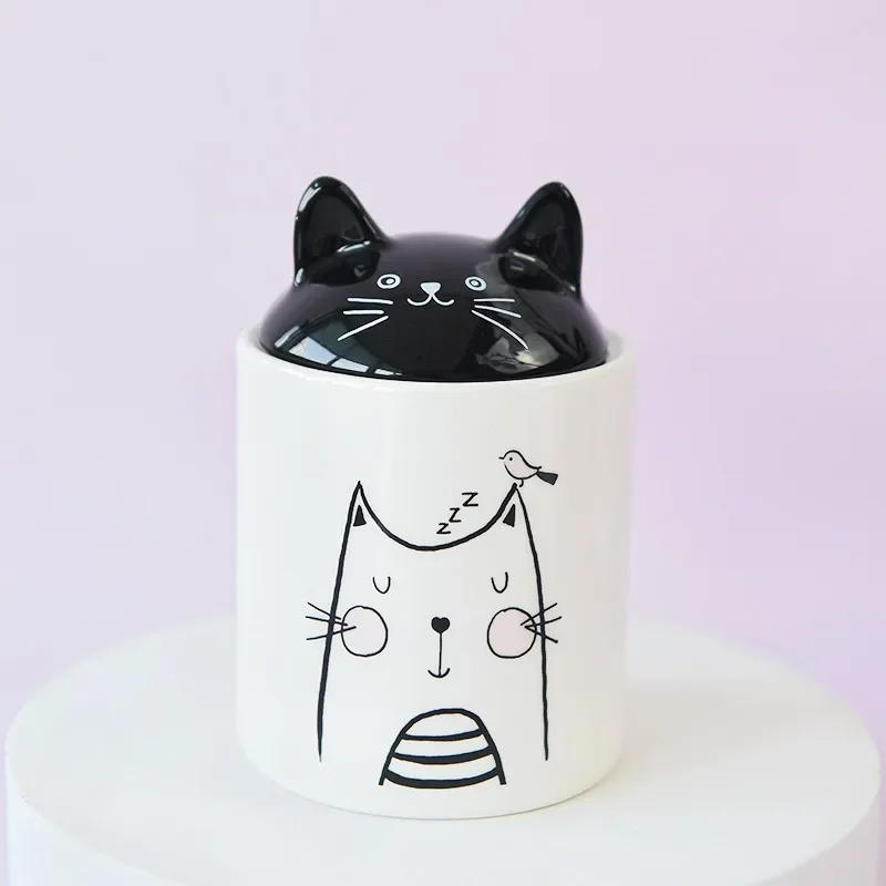 Cute Cat Storage Jar Black Decorative Jar Lid Dressing Table Ring Necklace Jewelry Box Cosmetic Jar Ceramic Candy Pot Aroma Can