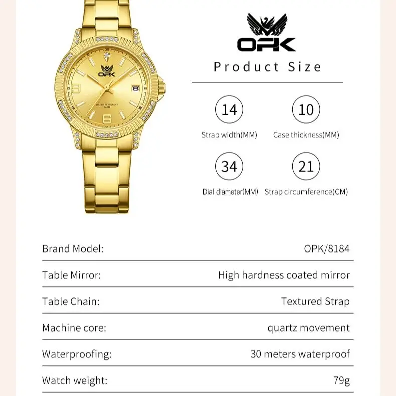 OPK 8184 Роскошные полностью золотые женские часы, водонепроницаемые светящиеся кварцевые часы с автоматической датой, брендовые оригинальные мужские и женские часы для отдыха