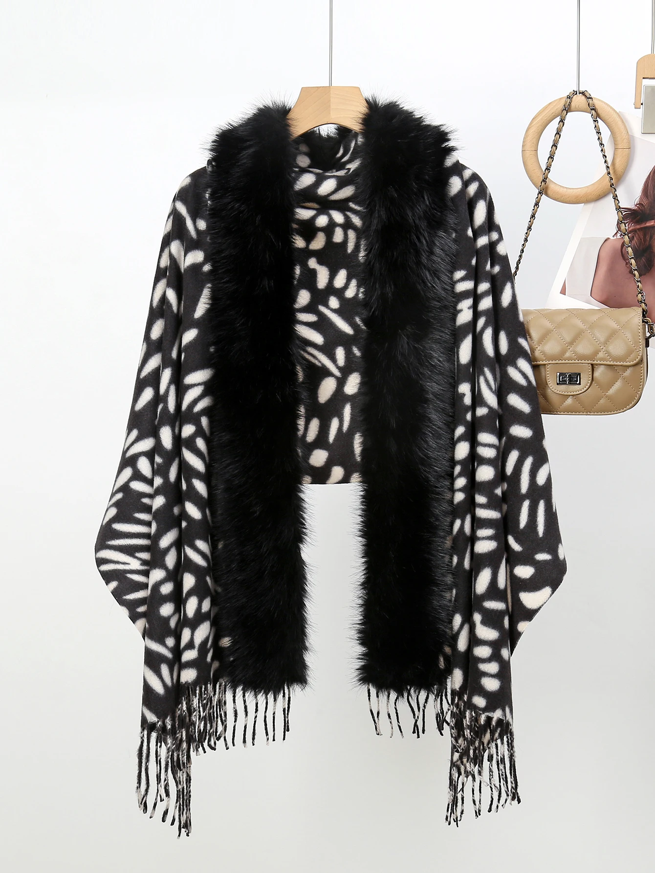New fashionable imitation cashmere leopard print fur collar shawl, casual, soft and warm women\'s tassel scarf shawl