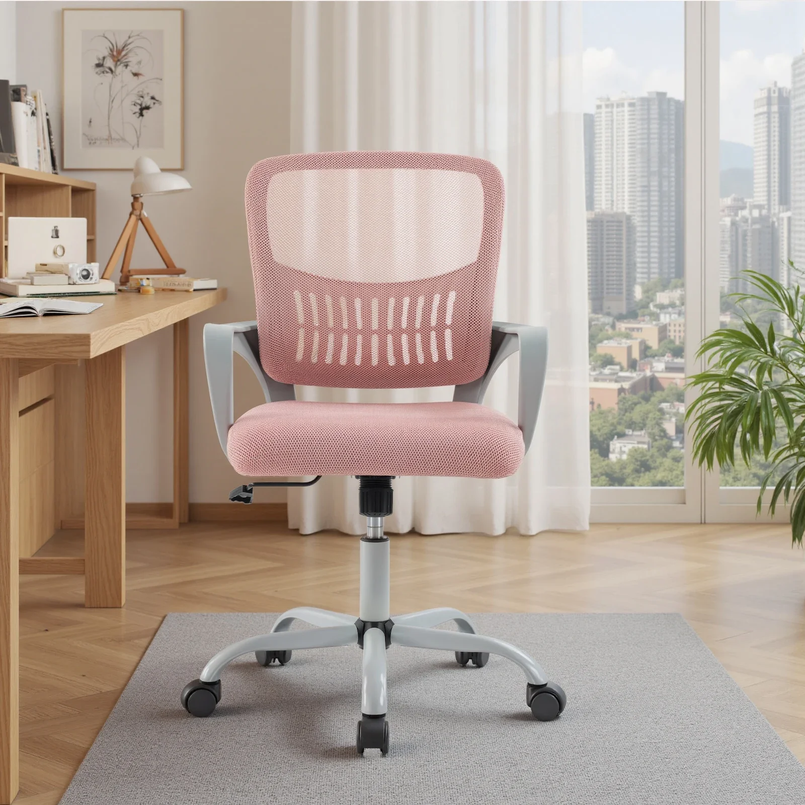 Ergonomic Mid Back Computer Office Chair, Fixed Armrest Design with Lumbar Support, 360° Swivel Height Adjustable Desk Chair