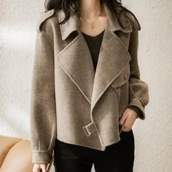 Women Short Wool Coats Turn Down Collar Full Sleeve High Waist Jackets Open Stitch Autumn Winter Loose Blends Jacket Elegant
