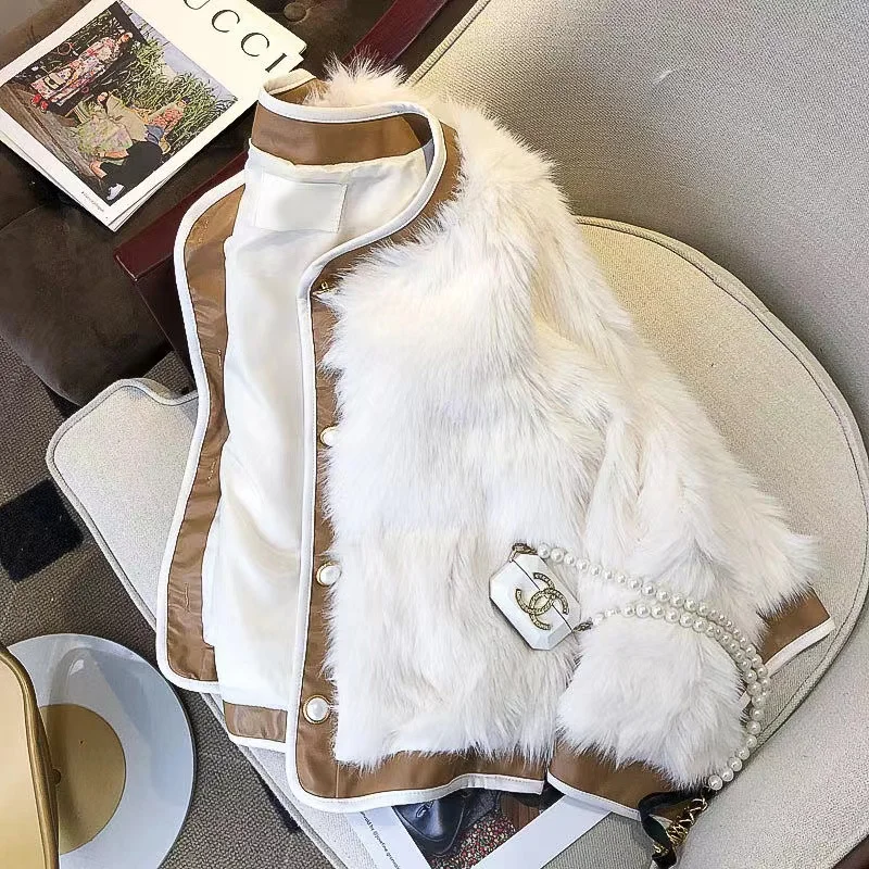 2024 New Winter Warm Faux Fur White Jaket Coat For Women Long Sleeve Fashion Female Crop Top Free Shipping Snow Outwear Clothes