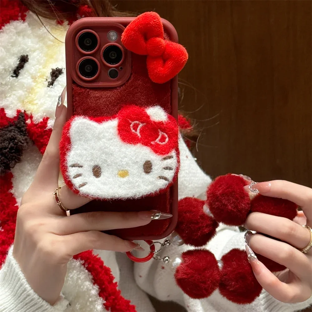 3D Hello Kitty Phone Cartoon Chain Wrist Strap Soft Case for IPhone 16 15 14 Pro Max 13 12 Cute Warm Fur Fluffy Cover for Winter