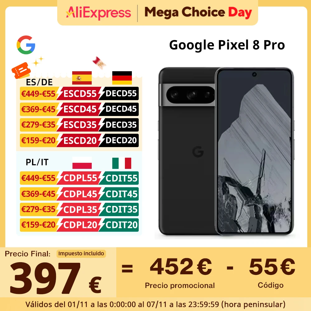 Smartphone Google Pixel 8 Pro 5G, Google Tensor G3, 6.7 pouces, NDavid, Android 14, IP68, résistant à la poussière et à l'eau, caméras 50MP, version globale Smartphone Google Pixel 8 Pro 5G, Google Tensor G3, 6.7 pouces, NDavid, Android 14, IP68, résistant à la poussière et à l'eau, caméras 50MP, version globale