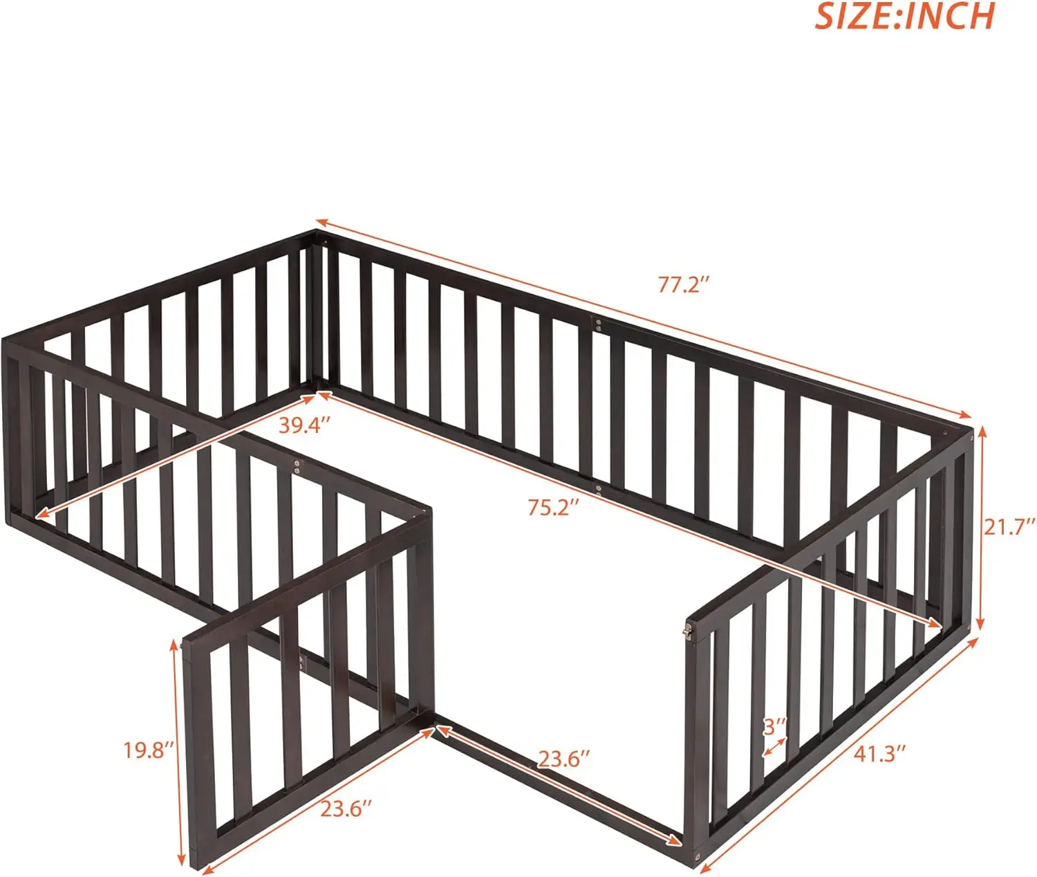 Bed with Fence and Door, Kids Montessori Floor Bed Without Slats, Cute Montessori Bed for Kids, Girls, Boys, Wodd Floor Bed(Waln