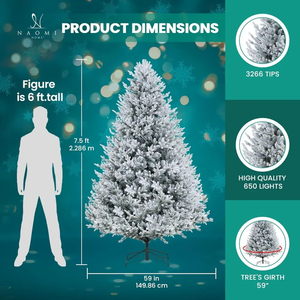 Árbol de Navidad Flocado de nieve de 7,5 pies, preiluminado con 3266 puntas de ramas, 650 luces cálidas y soporte de Metal, 59 "de ancho realista