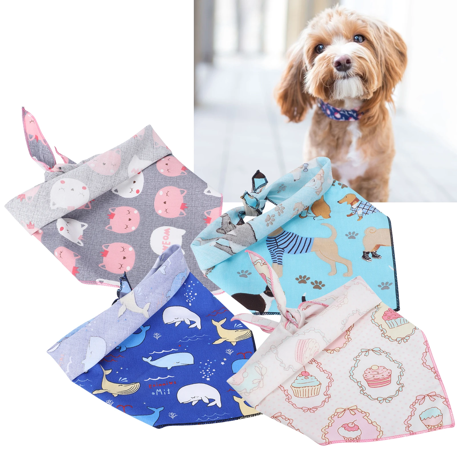 4Pcs Dog Neck Scarf Cotton Handkerchief Triangular Bib Washable Printing Style Pet ClothingS 59 X 38cm