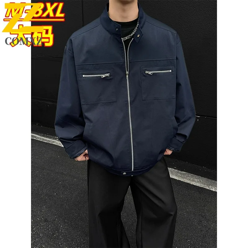 

COMXZ Vintage Mens Jacket New Baseball Collar Streetwear Windproof Motorcycle Jacket Zipper Decoration Lightweight Windbreaker