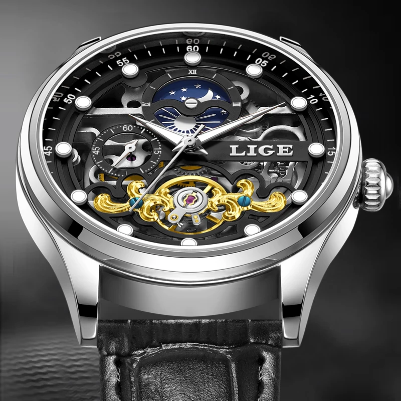 

LIGE New Retro Men Watch Top Brand Luxury Hollow Automatic Watch For Men Fashion Waterproof Luminous Men Mechanical Wristwatches