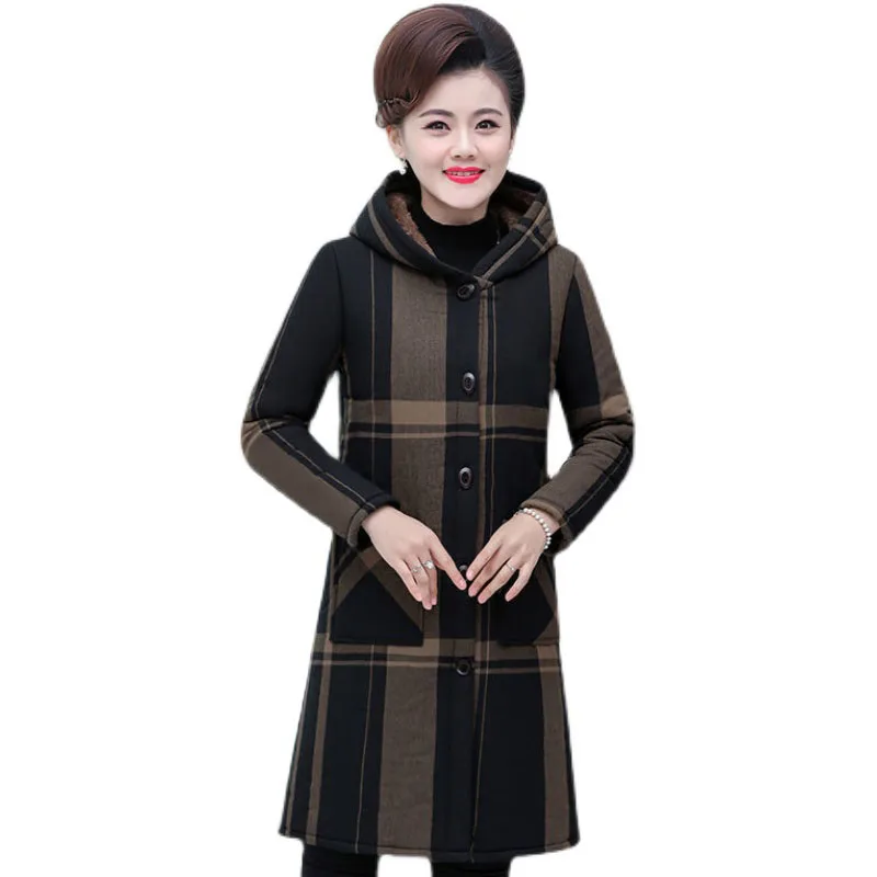 

Elegant Lady Mother Plus Velvet Trench Nice New Autumn And Winter Coat Middle-aged Casual Hooded Thick Warm Long Overcoat F080