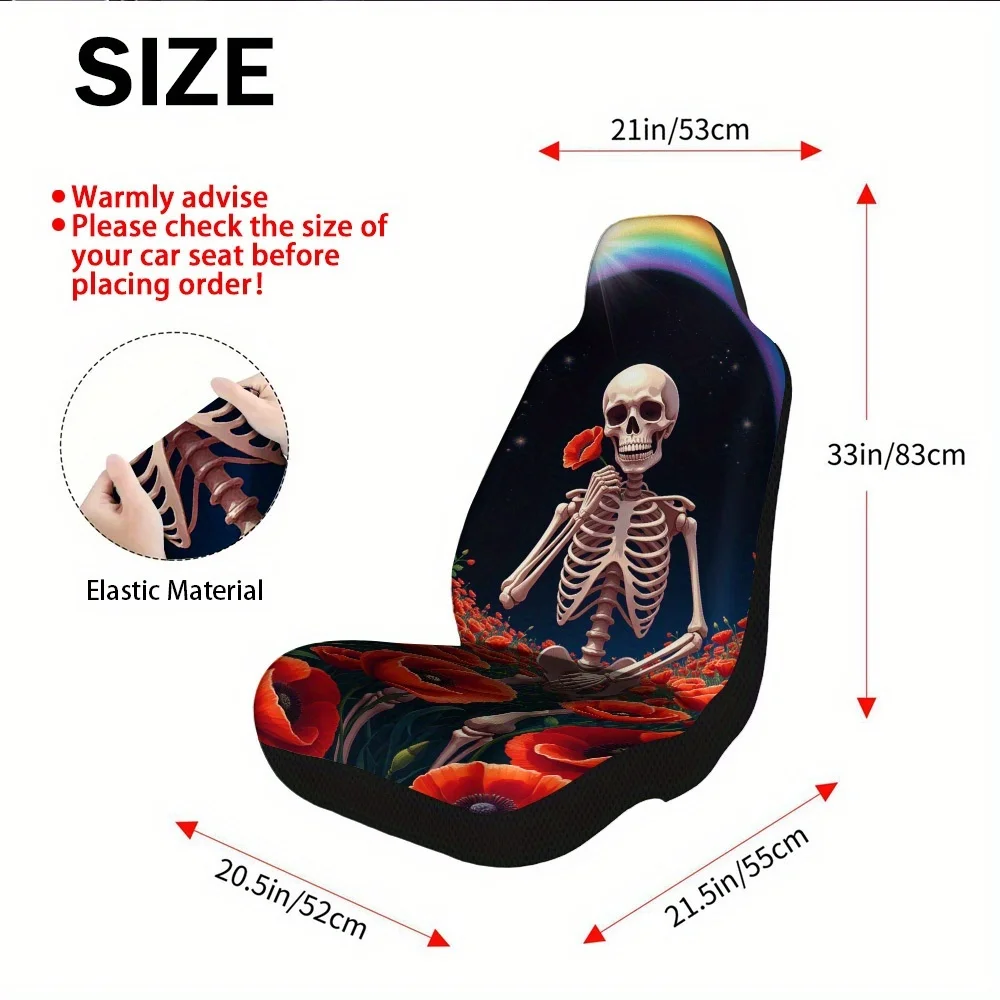2pcs Stylish Skeleton Flowers Rainbow Artistic Drawing Pattern Front Seat Covers | Polyester, Universal Fit, Machine Washable, I