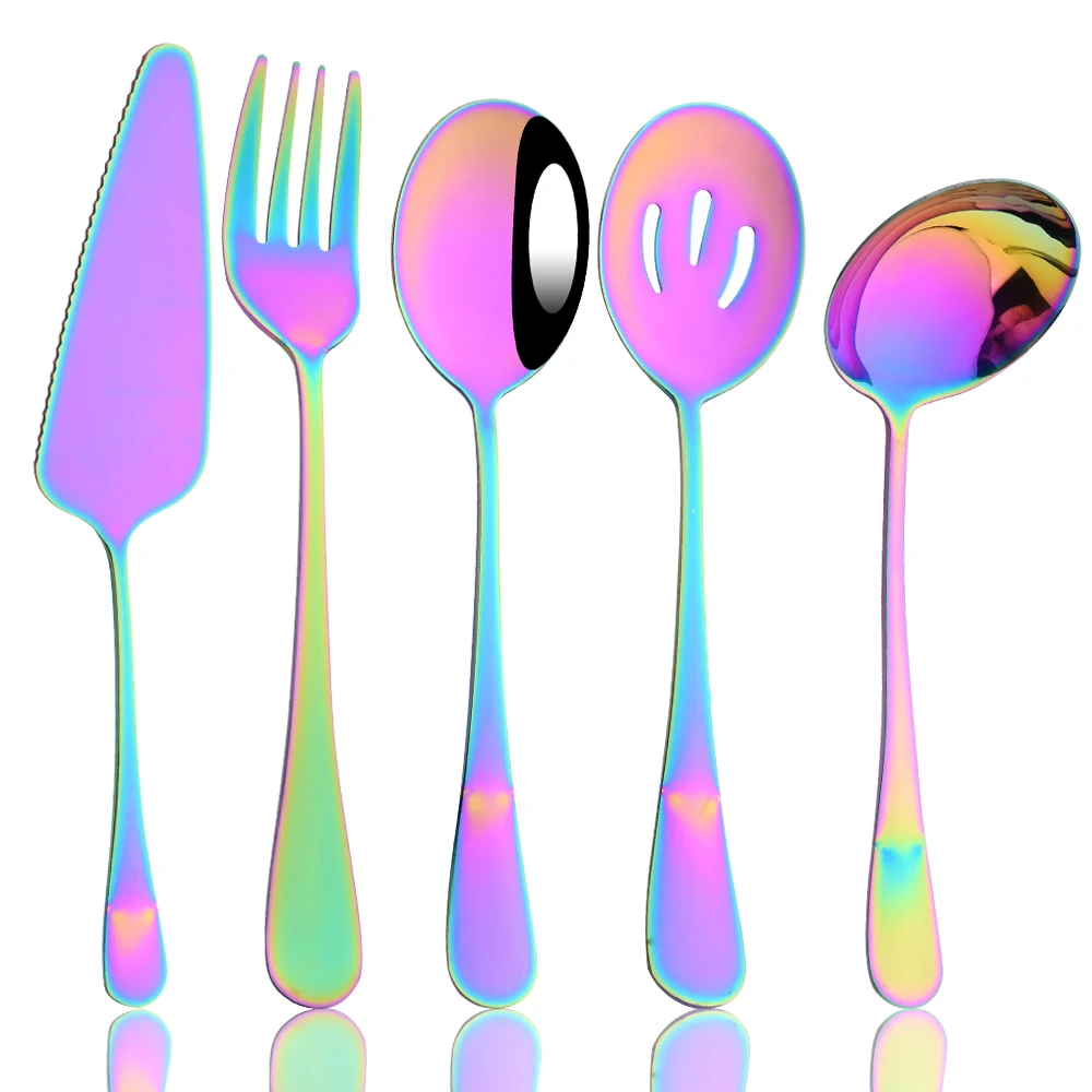 5Pcs Colorful Dinnerware Cutlery Set Stainless Steel Soup Spoon Colander Spoon Service Spoon Salad Fork Cake Spatula  Tableware