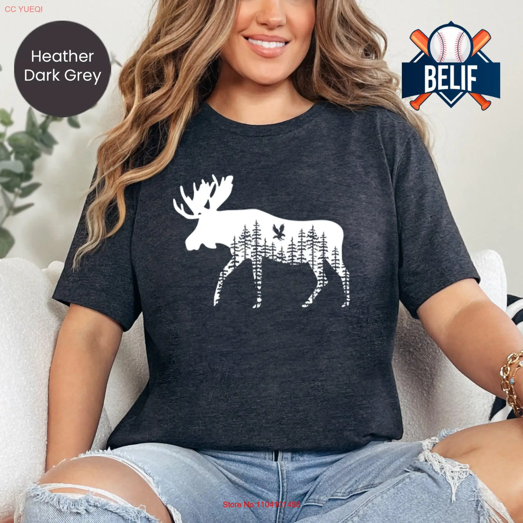 Forest Silhouette Moose T Shirt Nature Lover Wildlife Hiking With Camp Hunting long or short sleeves