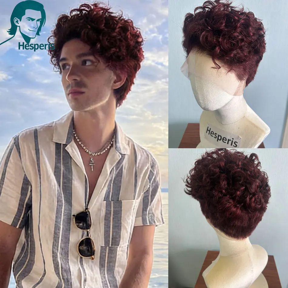 Hesperis Burgundy Human Men's Hair Wigs Short Curly Transparent Full Lace Red Wigs For Male Pre-Style Fashion Men's Curly Wigs
