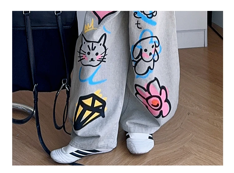 American Girl Baggy Washed Jeans Kinder Retro Harajuku Cartoon Print Denimhose Kinder Hip Hop Streetwear Hose mit Zeichnungen – Detail 13