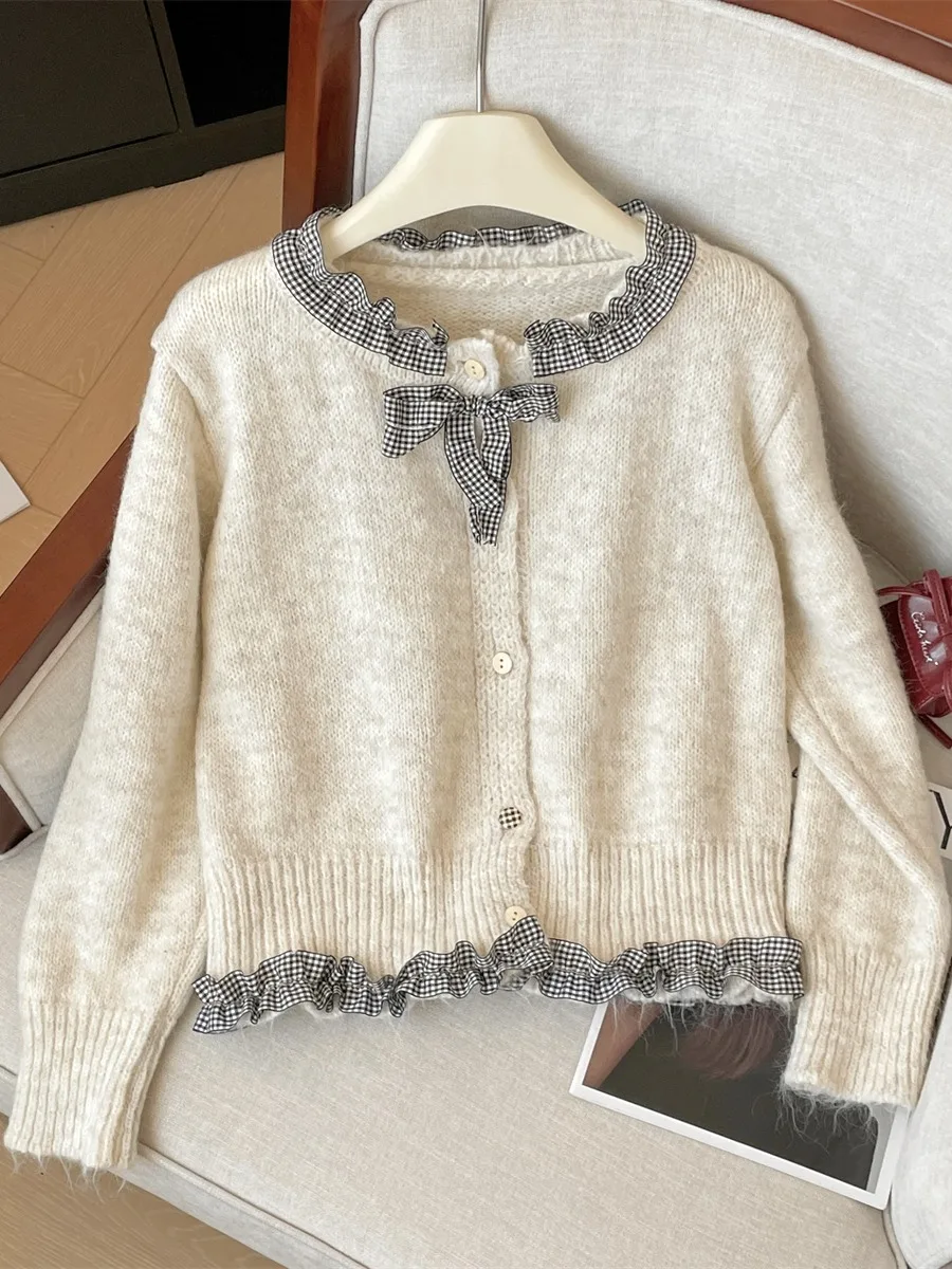 Korean Style Splicing Checkered Bow Round Neck Knitted Cardigan Women's Spring Autumn New Loose Slimming Single Breasted Sweater