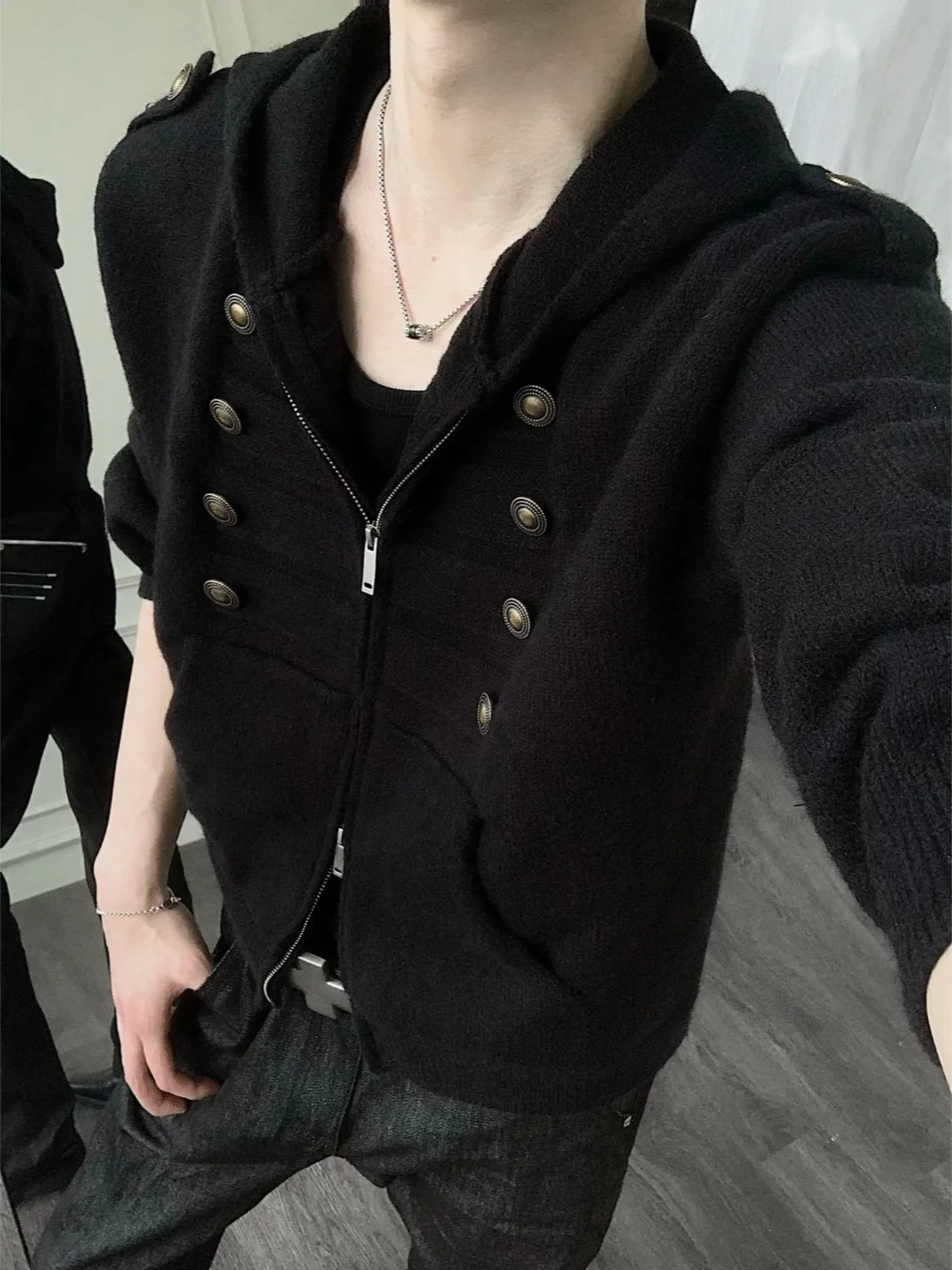 New autumn and winter retro Napoleon court style double row button shoulder patch hooded sweater, street niche trend unisex ins