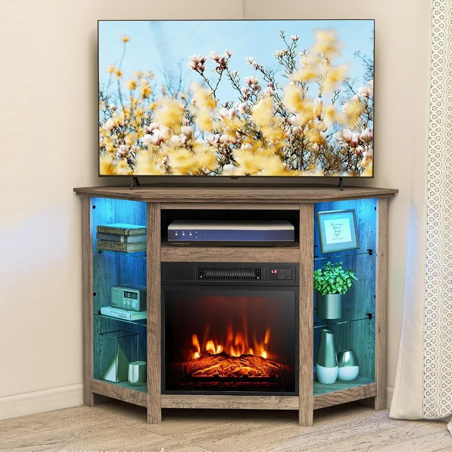 Perapian Listrik Modern dengan Rak TV Sudut, Lampu LED 16 Warna, 3 Tingkat Kecerahan, Kontrol Remote dan Aplikasi