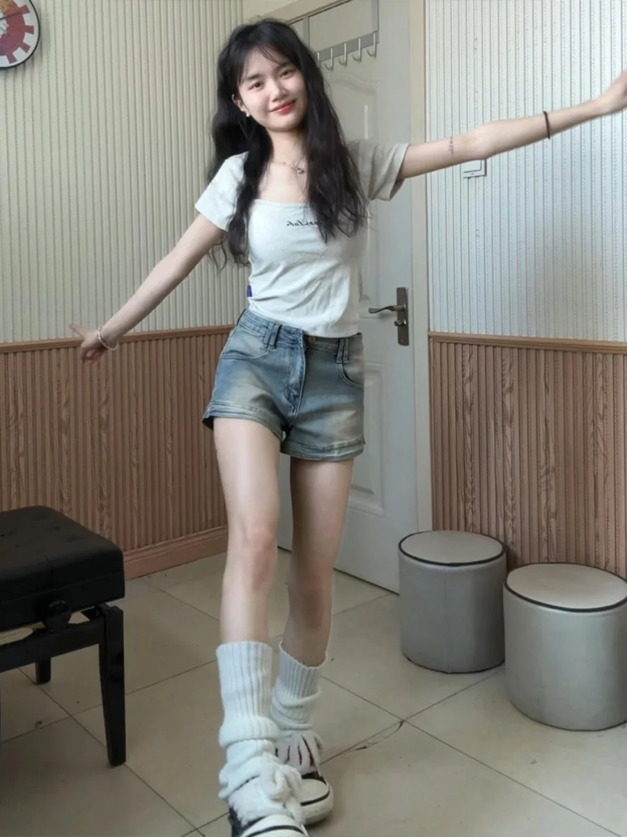 

American Retro High Waist Thin Denim Shorts Women Summer Elastic Slim A-Line Hot Pants Large Size Wide Leg Pants