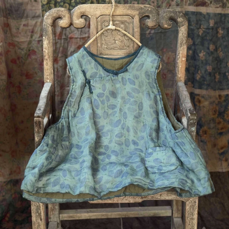 

Women Vintage Ramie Printed Vests Coats Side Button Chinese Style Clothes 2025 New Fall Winter Cotton Padded Loose Chaqueta