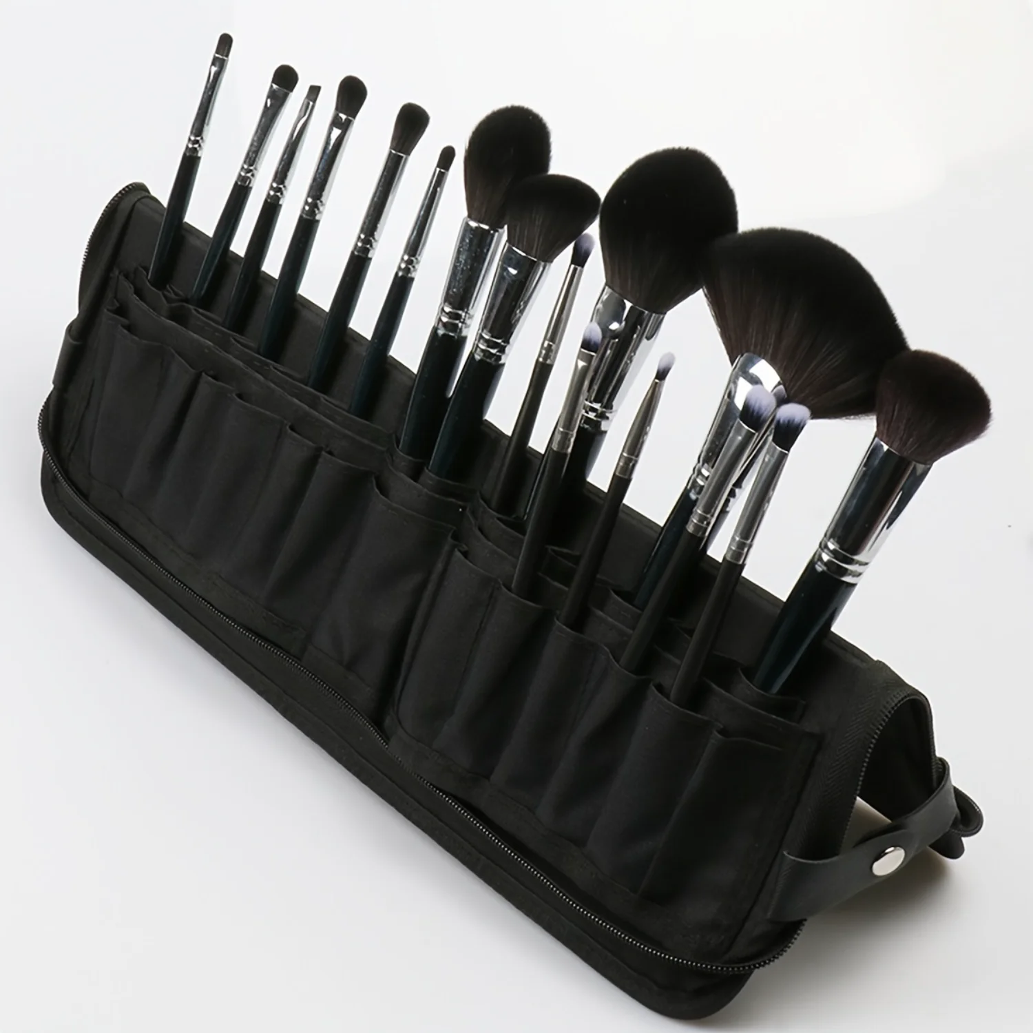 Black Minimalist Makeup Brushes  Bag With 29 Grids, Lightweight Foldable Cosmetic Tools Bag