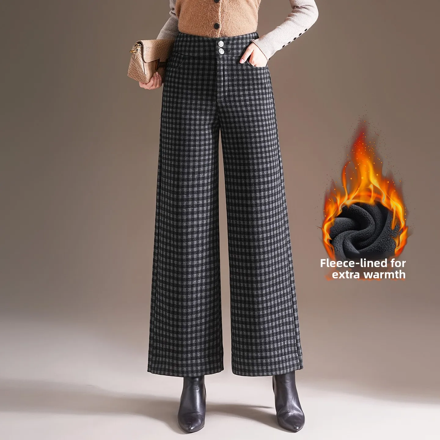 

Женские модные широкие брюки с высокой талией, зимние, в клетку, повседневные, из полиэстера, теплые