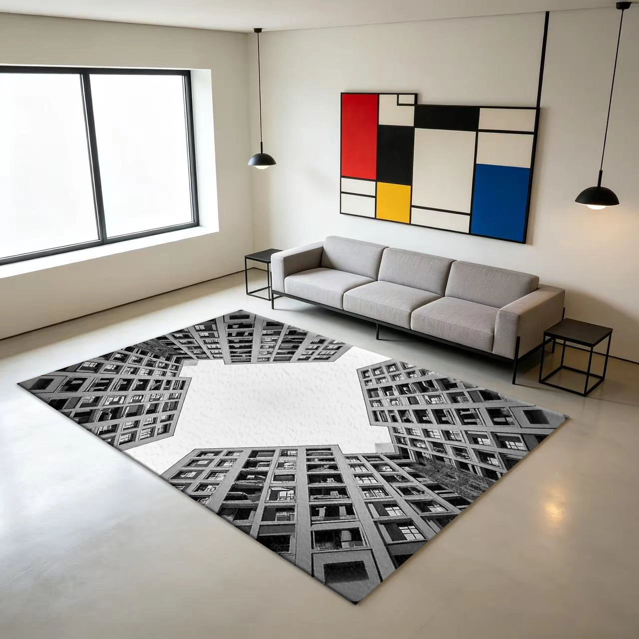 Black and White Geometric Architectural Perspective Carpet Floor Modern Architectural Non-Slip Floor Carpet Suitable for Home Decoration