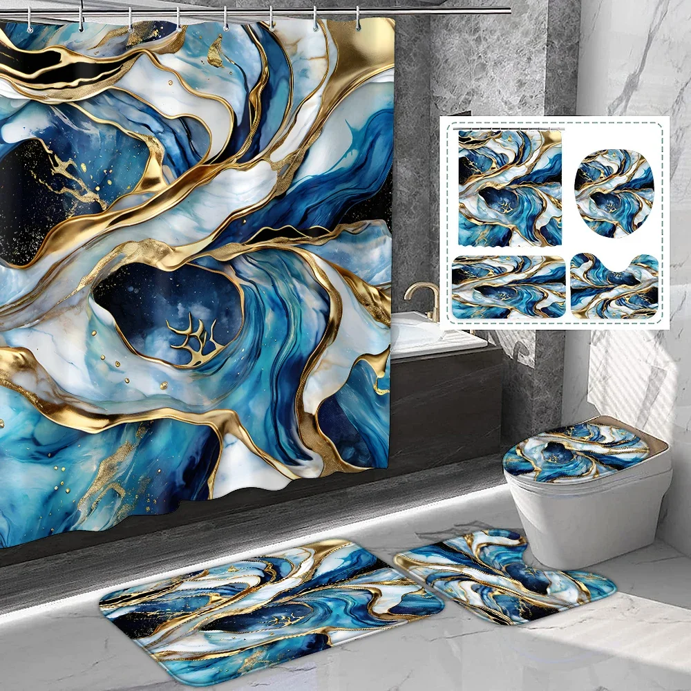 

1 set of Blue and White Printed Shower Curtain Set with Hooks Toilet Bathroom Mat Bathroom Supplies Blend