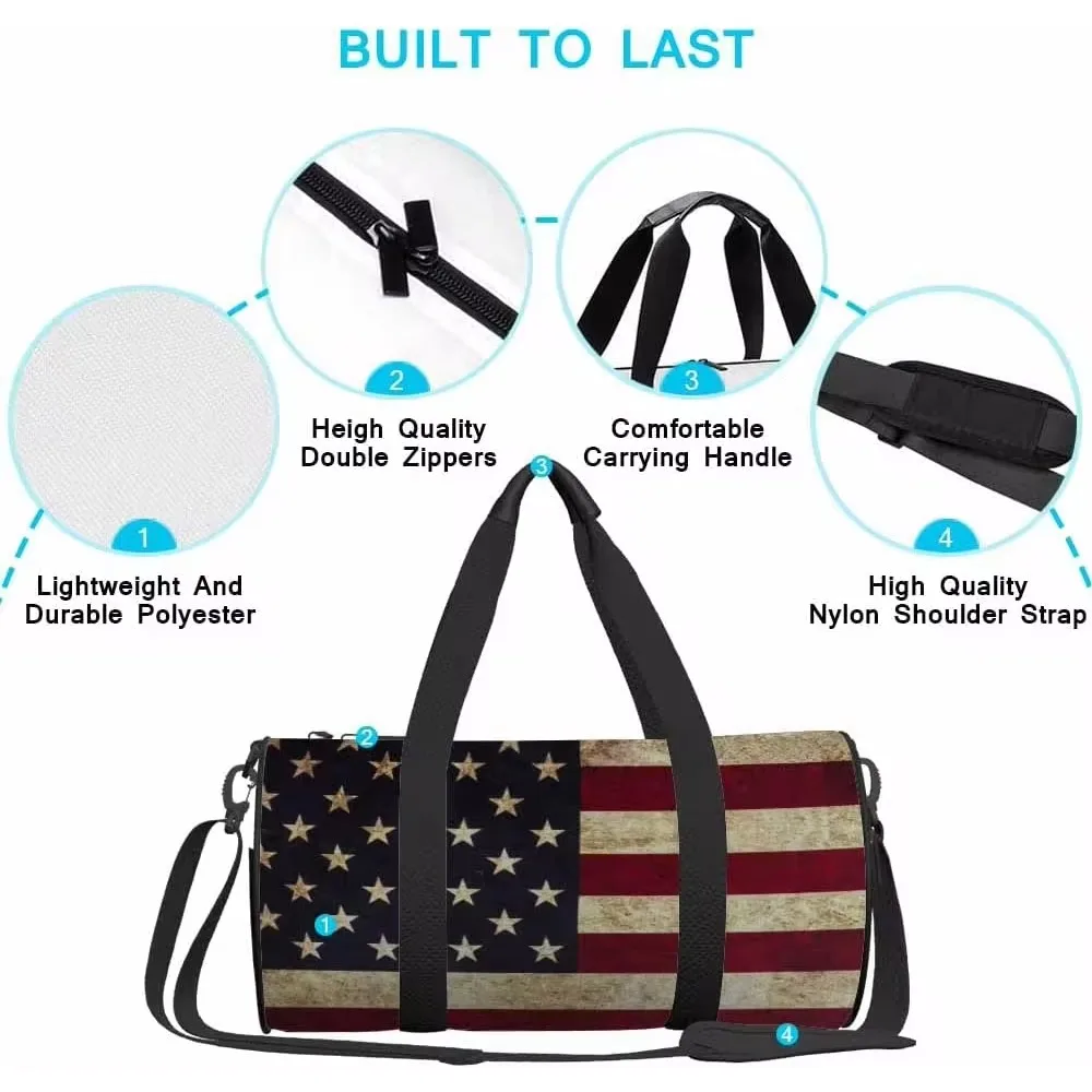 American Flag Sports Duffle Bag Retro USA Patriotic Striped Stars Men Women Weekender Bag for Traveling Tote Gym Shoulder Bag