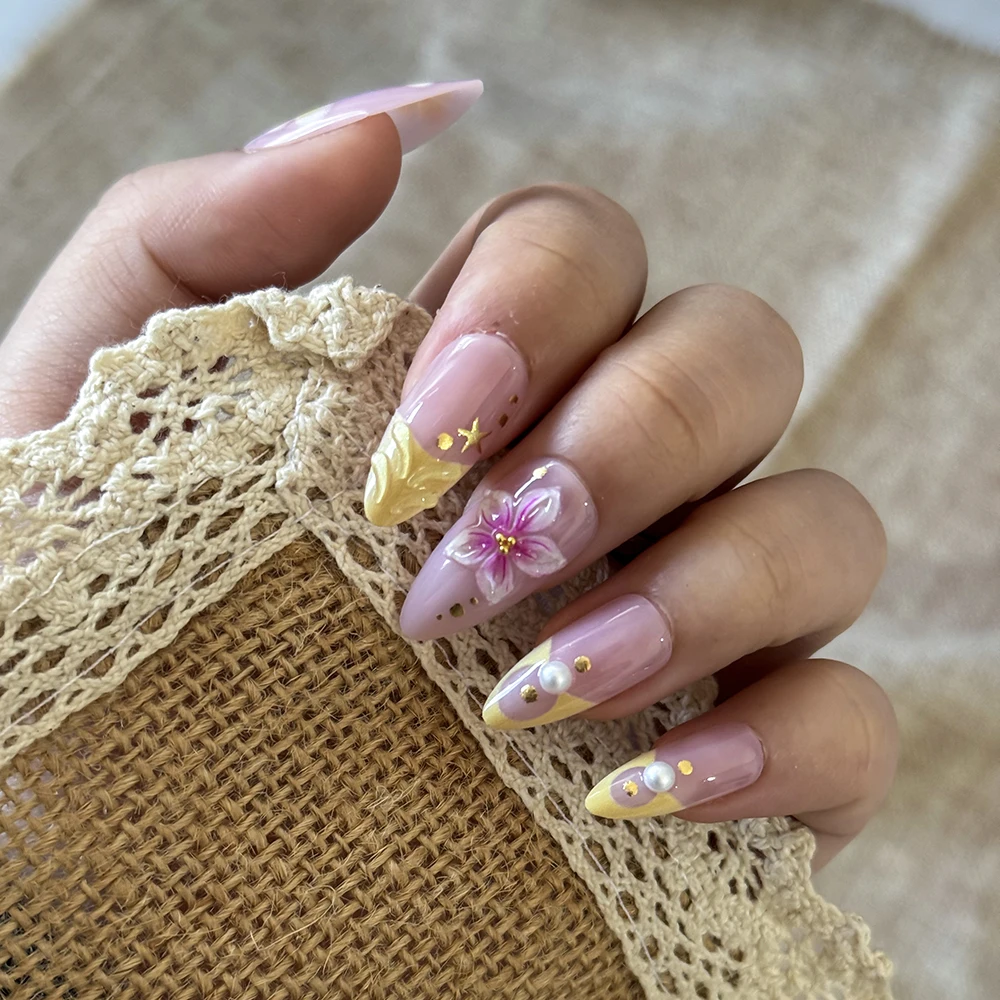 24 Pieces Cross-border Gold-plated Almond Wearable Nails 3D Sakura Flower Shell Star Handmade Dot Diamond Nails