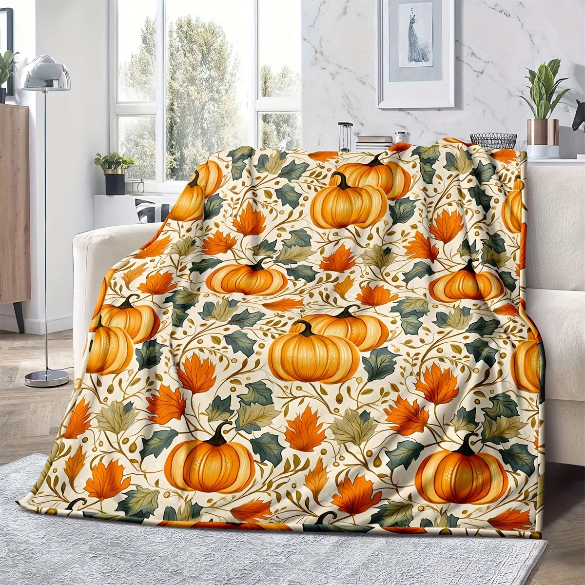 Contemporary Style Halloween Throw Blanket, Pumpkin & Maple Leaf Sofa & Bed Cover, Comfortable Flannel, Reversible