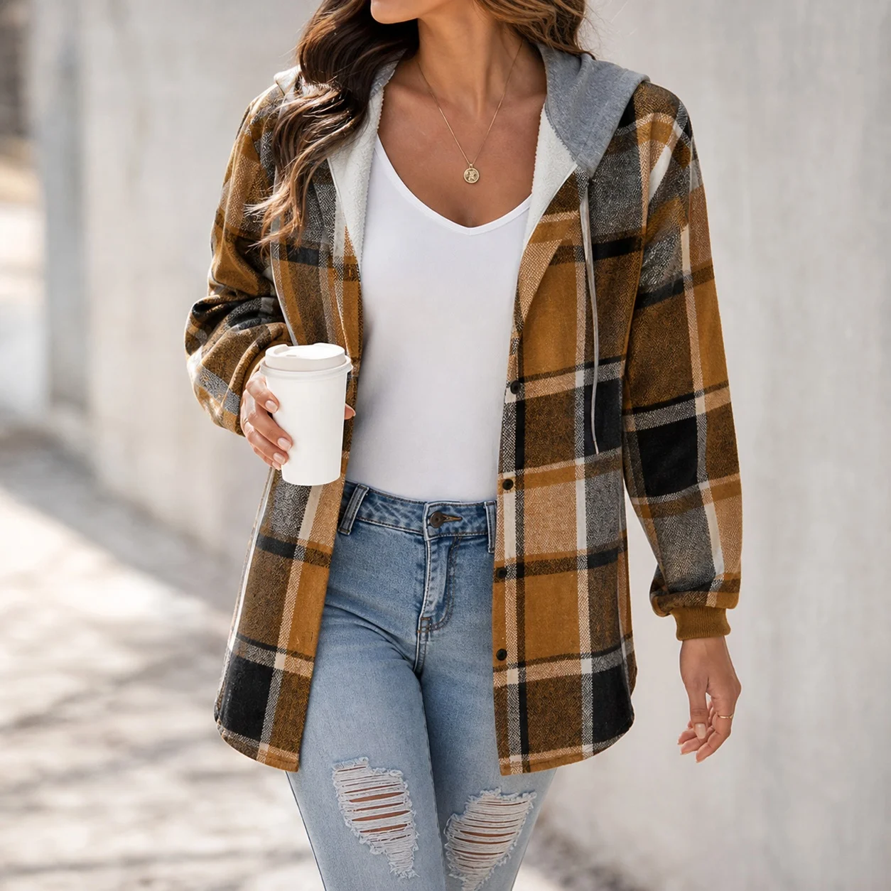 Women's Winter Female Jacket Medium Weight Hooded Long Sleeve Color Block Oversized Casual Woolen Fabric Elegant Single Breasted