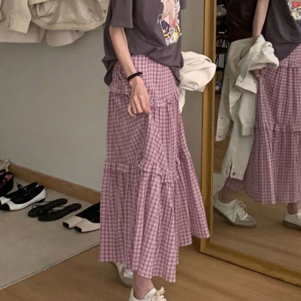 Emo Half Length Casual Fashion Skirt Pink Plaid Half Length Skirt Lattice Pattern Leisure Style Polyester Fabric