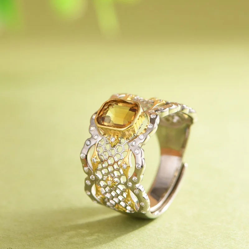 

Glossy 925 Sterling Silver Lace Honeycomb Rings for Women Wide Hollow Natural Citrine Ring Square Yellow Crystal Jewelry Gilded