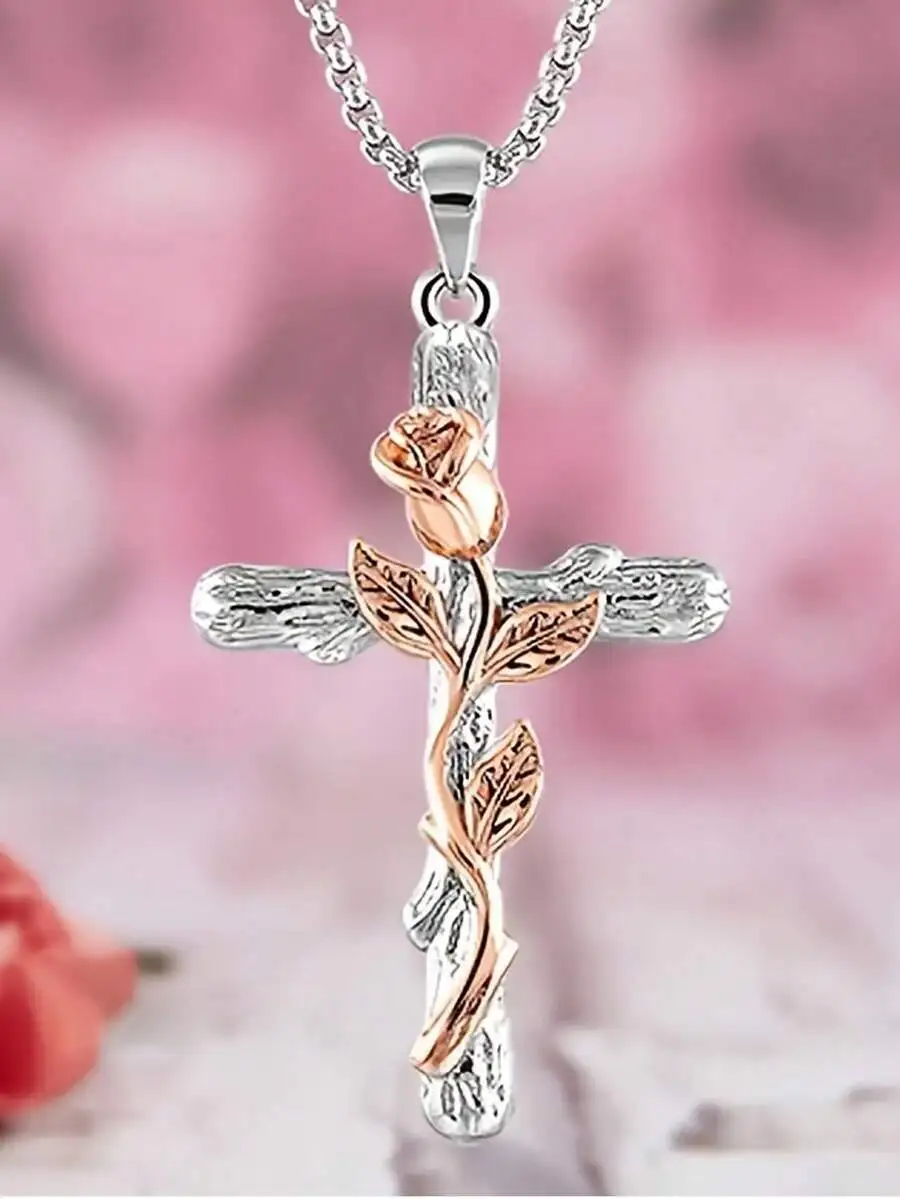 Collar minimalista con colgante de cruz de flores en blanco y oro rosa, moderno en el Medio Oriente.