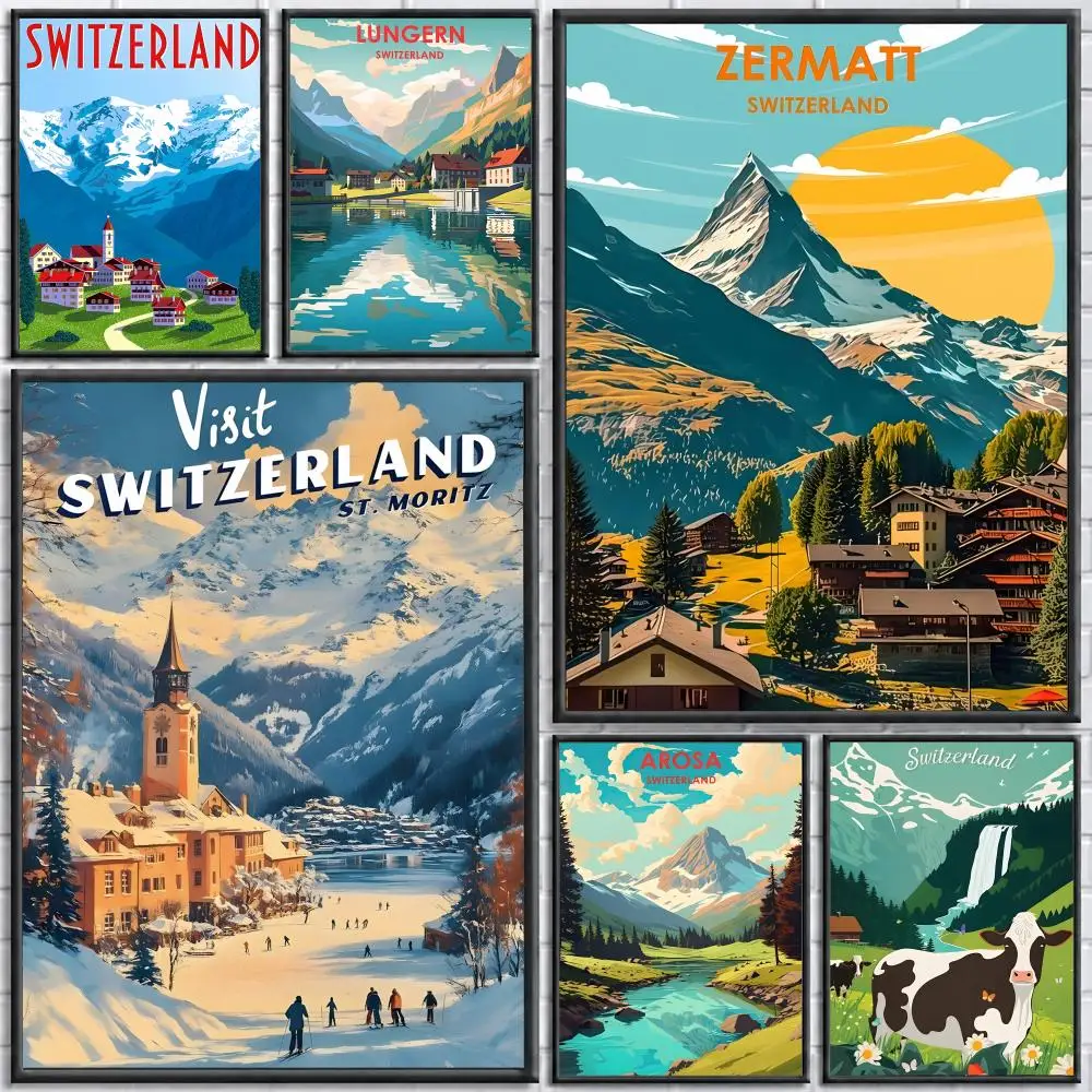 Landscape Swiss Alps Poster Self-adhesive Art Waterproof Paper Sticker Coffee House Bar Room Wall Decor
