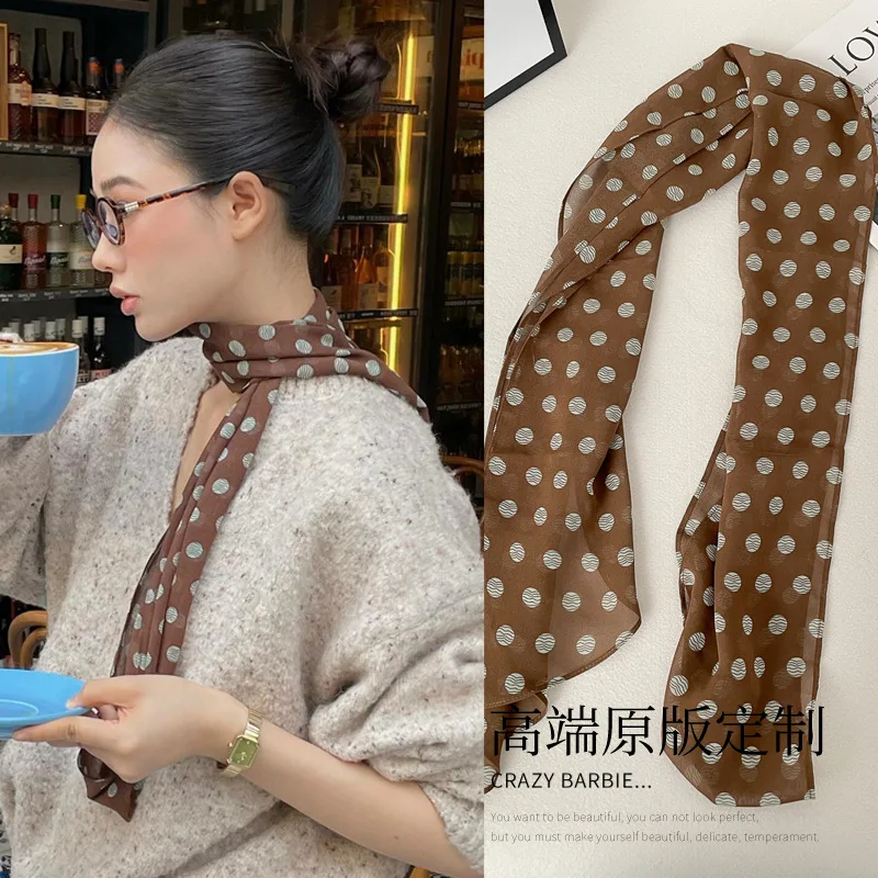 2025 headband accessory series brown scarf printed with polka dot silk scarf fashion Korean version long strip decoration new st image 3
