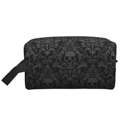 Borsa portaoggetti damascata con teschio nero gotico borse per trucco portatili di grande capacità per donna uomo borsa per cosmetici da viaggio borsa da toilette