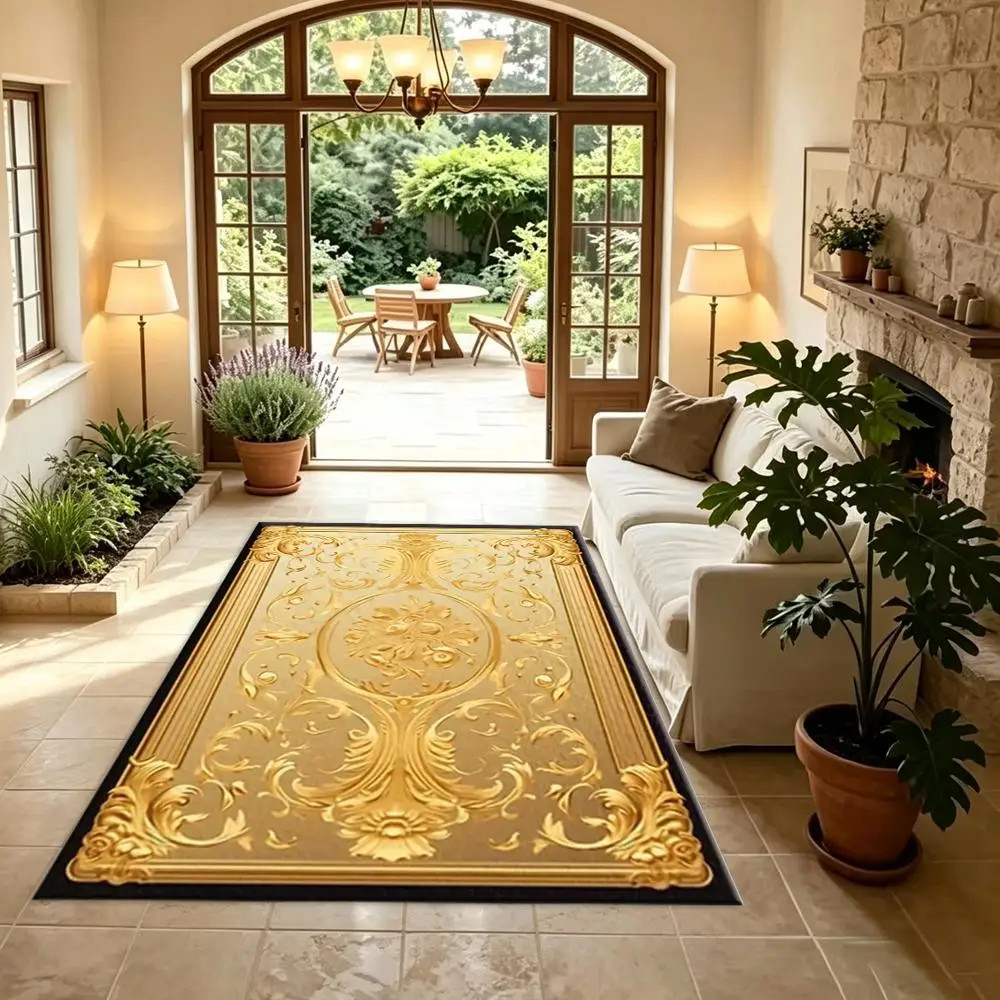 Golden Embossed Floral Baroque Carpet Flooring, Classic European Luxury Decor Floor Rug
