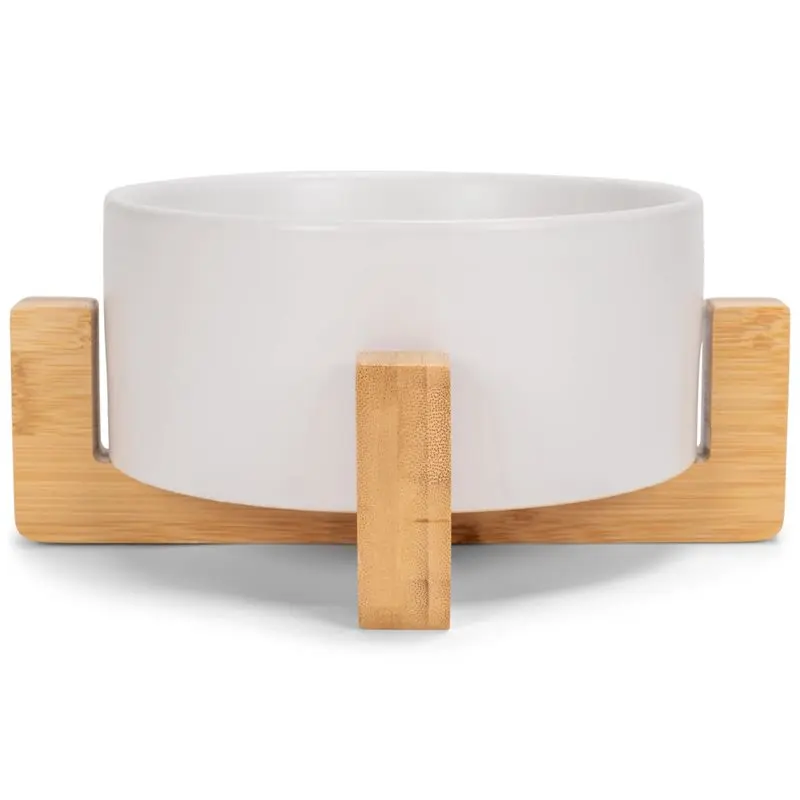 

FYBL-Deluxe Small White Stoneware Wood Pet Bowl Cat Water Bowl& Food Bowl With Stand For Dogs And Cats
