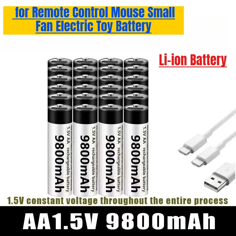 

High Capacity 1.5V AA 9800mAh USB Rechargeable Li-ion Battery for Remote Control Mouse Small Fan Electric Toy Battery + Cable