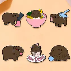 Cute Cartoon Hippopotamus Enamel Brooch Creative Animal Thai MooDeng Lapel Pin Badge Backpack Clothing Hat Accessories
