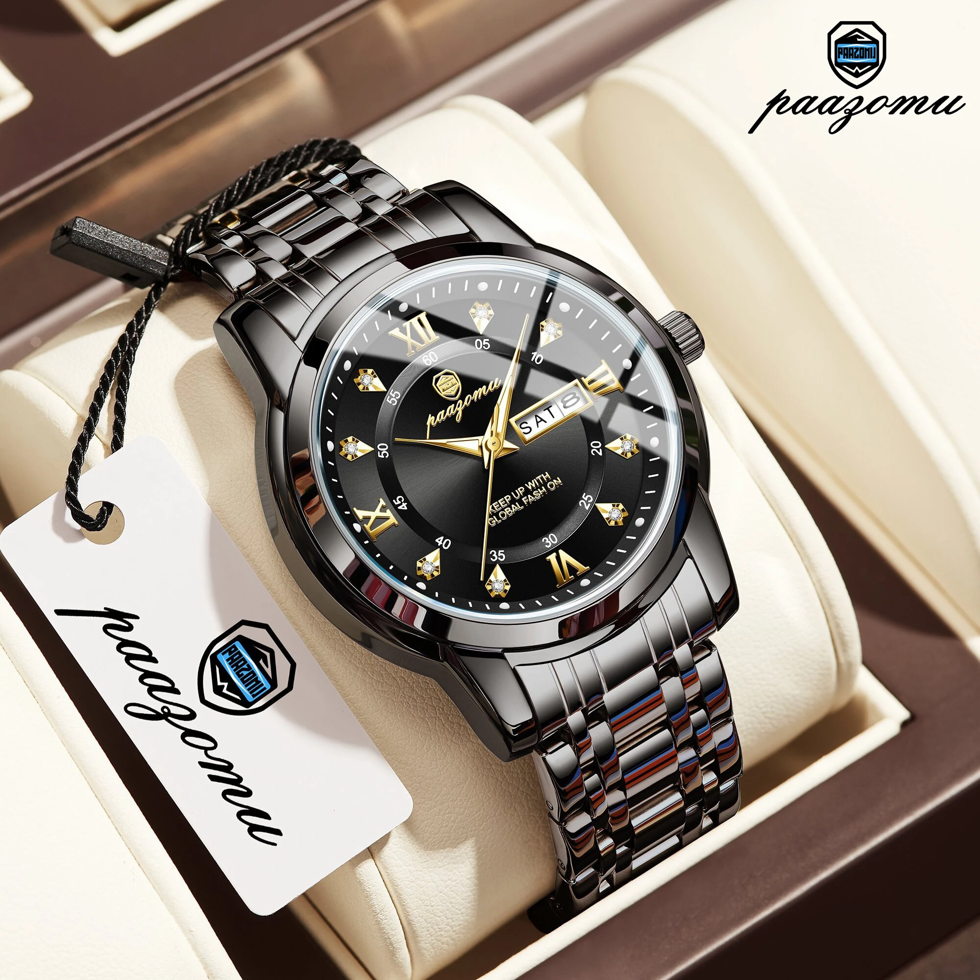 

PAAZOMU Роскошные мужские часы, элегантные водонепроницаемые светящиеся мужские часы с датой недели, кварцевые спортивные мужские часы из нержавеющей стали, reloj