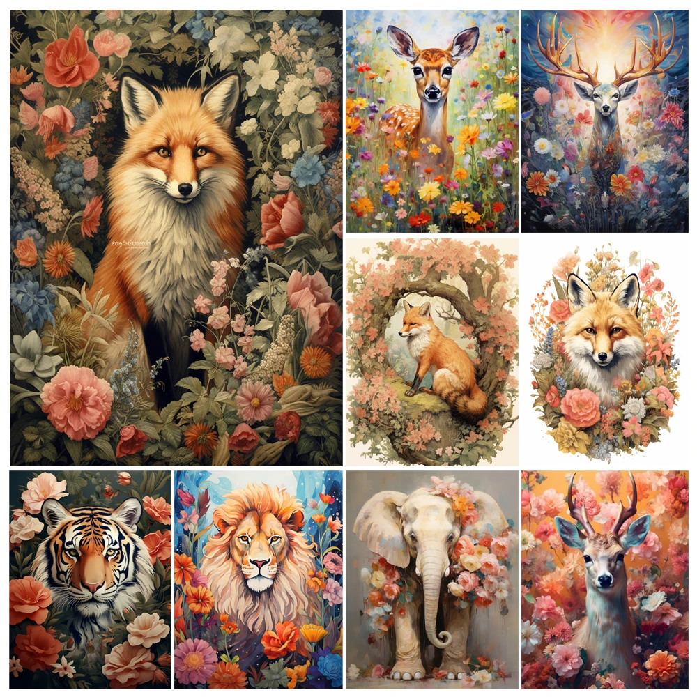 Cross Stitch Embroidery Kits Fox Animals With Flower Thread Painting DIY Needlework Counted Printed on Canvas 11CT Decoration